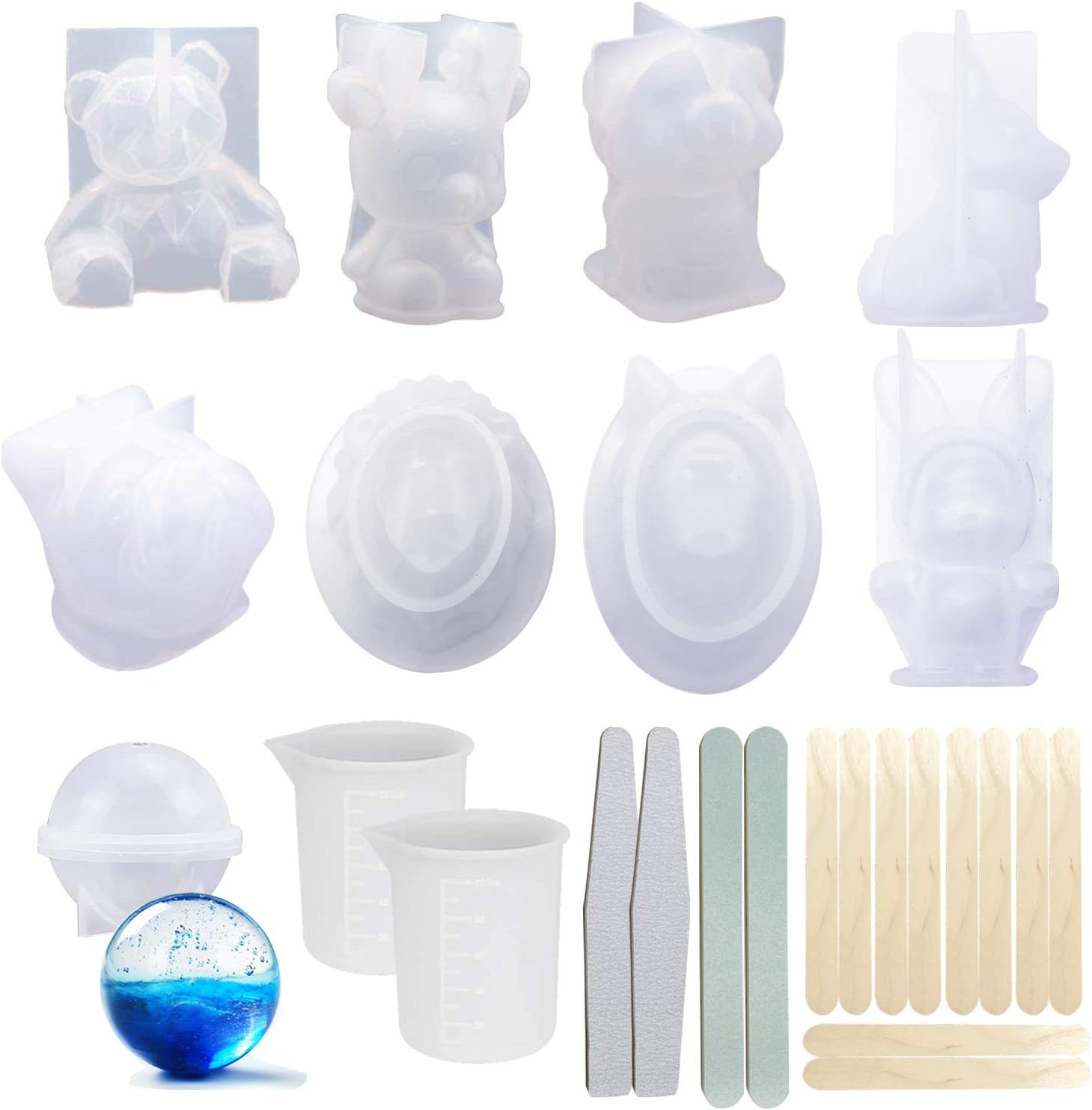 Woohome 3D Animal Resin Molds Tools Set, 9 PCS Resin Casting Molds Epoxy Silicone Molds, Measurement Cup, Wood Stick