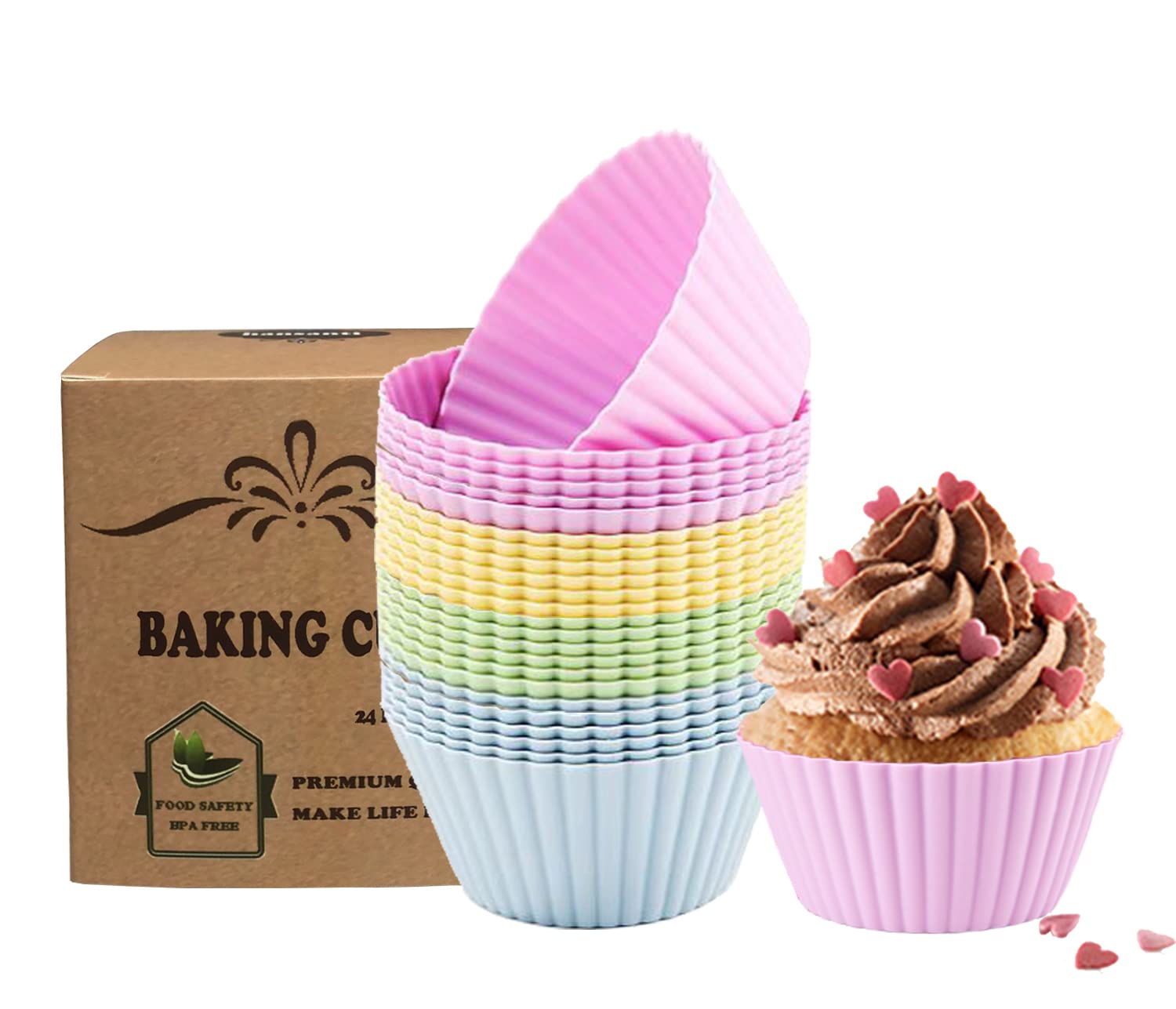 24 Pack Silicone Baking Cups Set, Reusable Nonstick Kitchen Muffin Cupcake Liners NonToxic BPA Free for Pudding Tart Bread Mousse Jelly for Holiday Party Thanksgiving Christmas(2.75