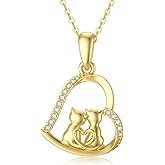 Cat Necklace for Women 14K Solid Gold Cat Lover Gift Eternal Love Heart Necklace for Wife and Mom