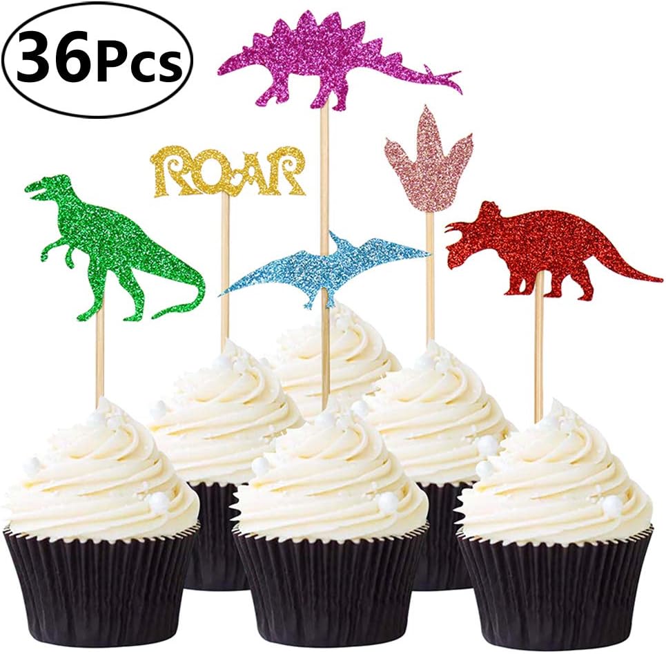 Sandeye 36 Pieces Dinosaur Glitter Cupcake Toppers Picks Cute Baby Dinosaur Cake Toppers for Dinosaur Party Decoration Supplies