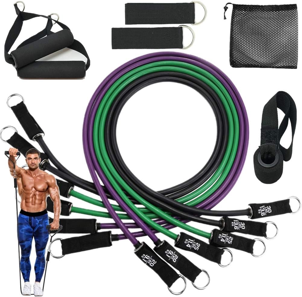 homtuzan Resistance Bands Set with 6 Stackable Exercise Bands Handles Carry Bag Door Anchor Ankle Straps Guide Book for Resistance Training Physical Therapy Home Workouts Yoga 150 LBS