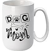 J.Ehonace Dog Mom Ceramic Coffee Mug 15oz, Black & White Paw Print Design Double Sided Print for Dog Lovers