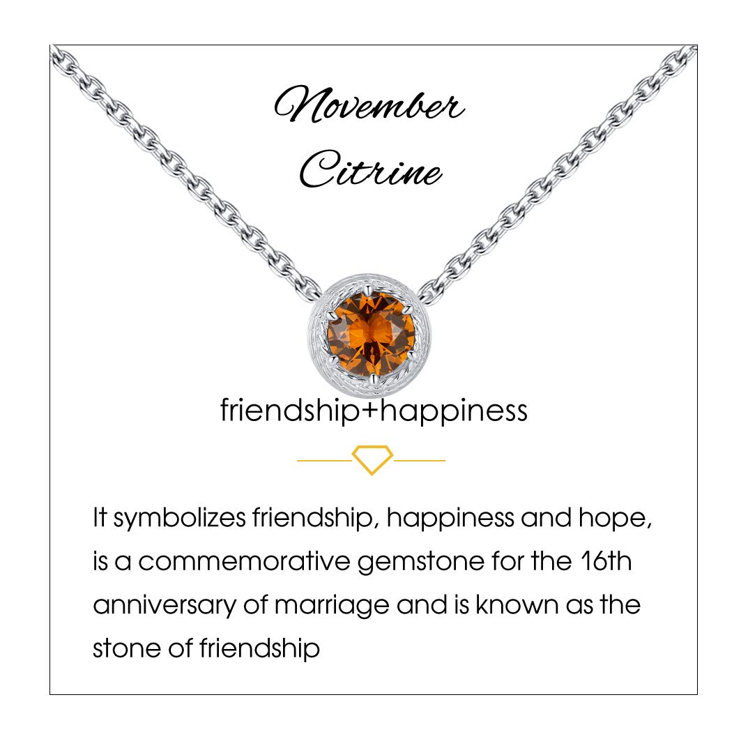 Qings November Birthstone Necklace Citrine Solitaire Sterling Silver Necklace Women's Anniversary Birthday Gift
