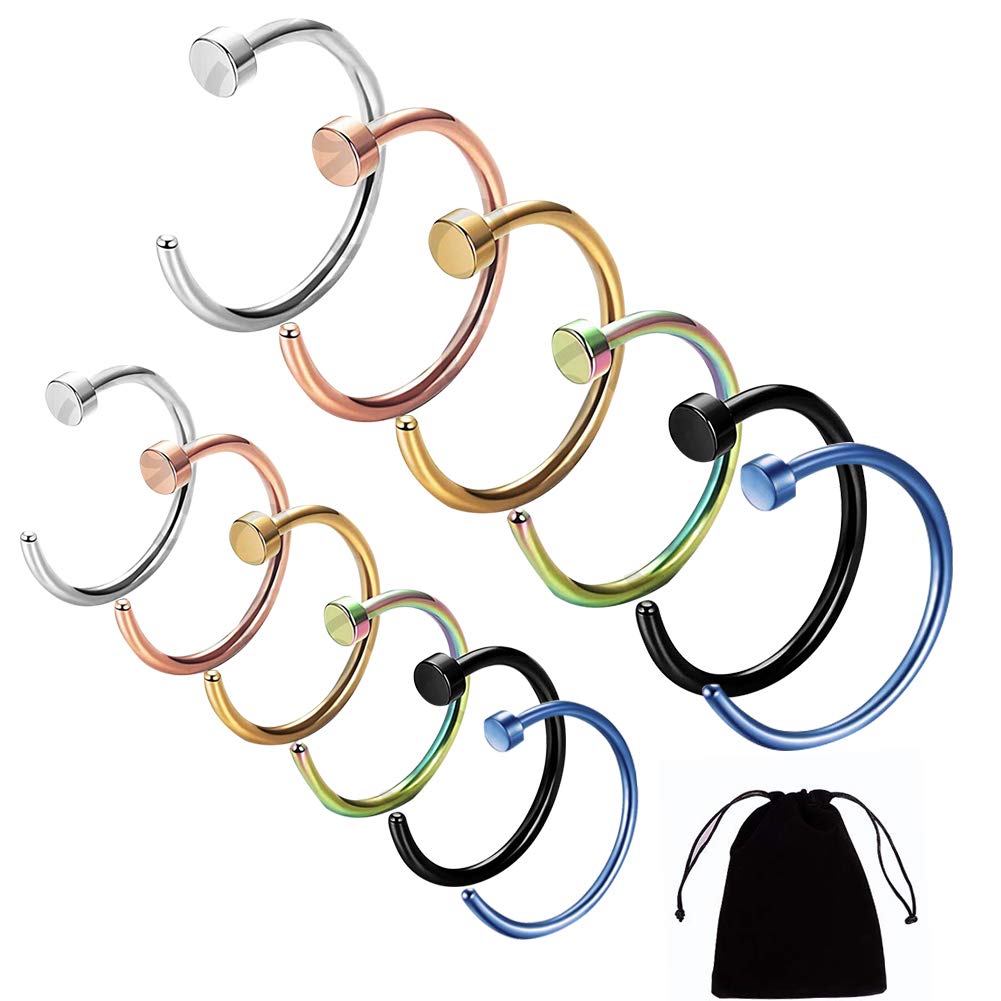 Zngou 12 PCS Fake Nose Rings Stud Stainless Steel Faux Clip On Hoops Earrings 8mm Fake Septum Nose Ring Hoop Faux Lip Rings Surgical Steel Nose Piercing Jewellery For Women Men