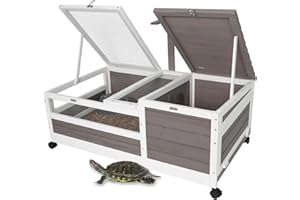 Ketive Tortoise Habitat, Wooden Tortoise House Indoor & Outdoor, Large Reptile Cage for Small Animals-Leakproof Tray