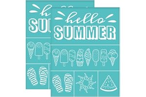 OLYCRAFT 2Pcs 8.6x11 Inch Hello Summer Self-Adhesive Silk Screen Printing Stencil Ice Cream Flip Flops Silk Screen Stencil Sun Watermelon Mesh Stencils Transfer for DIY T-Shirt Fabric Painting