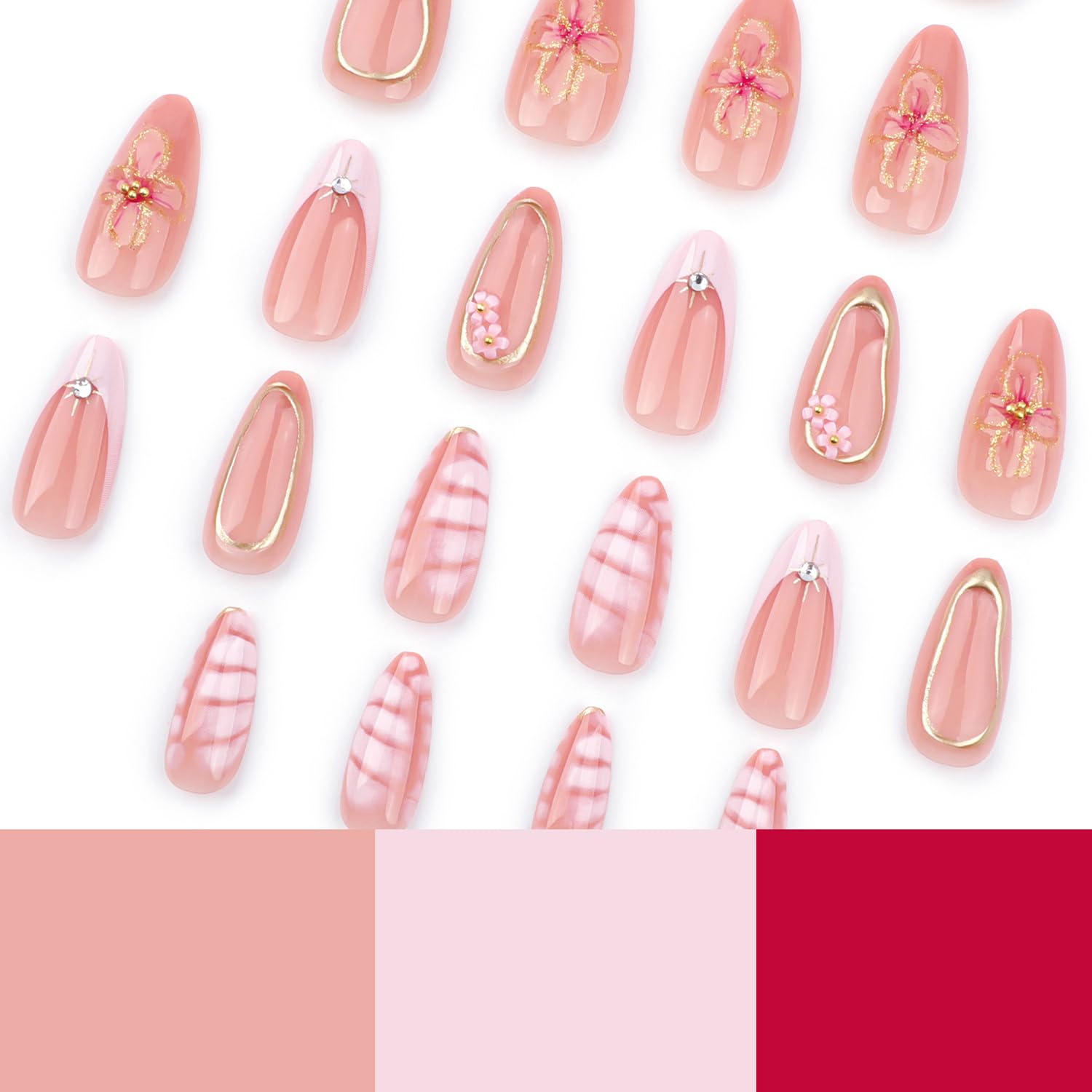 Press on Almond Nails Spring Glossy Full Cover Medium Almond False Nails with Floral Designs Artificial Almond Shaped Fake Nails with Charms Glue Stick ons Fingernails for Women Girls(JP3514) - Image 2