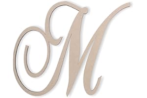 Jess and Jessica Wooden Letter M, 8" Long x 1/4" Thick – Large Wooden Letters for Wall Decor, Unfinished Monogram Cursive Large Letters for Wall Decor or Kids' Nursery Design - Chopin Script Font