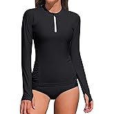 ATTRACO Women Rash Guard Long Sleeve Swimsuits UV UPF 50+ Zipper Swim Shirt Quick Dry Sun Shirts
