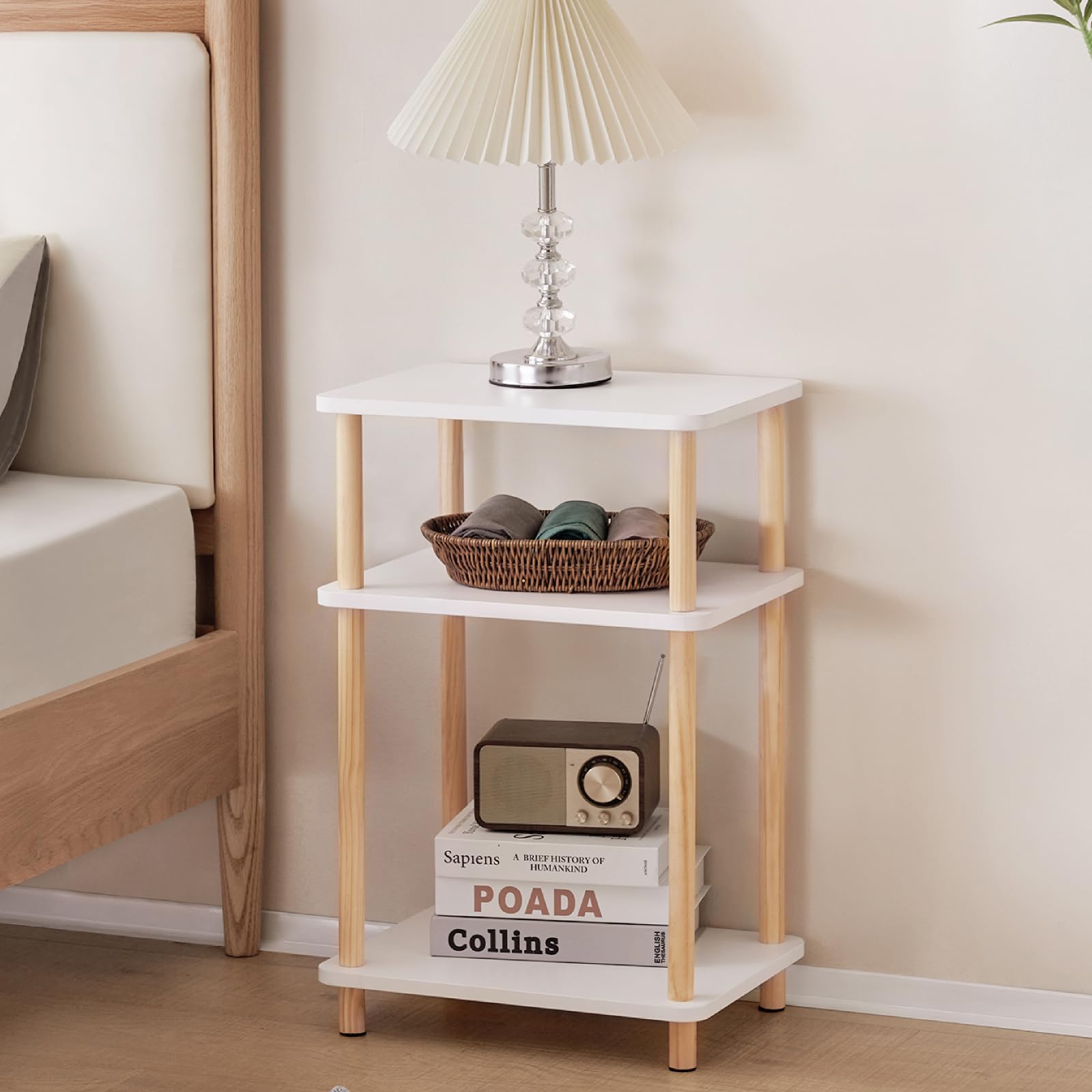 Photo 1 of Apicizon 3 Tier Nightstand, End Table with Storage Shelf, Wooden Vinyl Record, Farmhouse Bedside Table for Small Spaces, Bedroom, Living Room, Easy Assembly, White+Natural