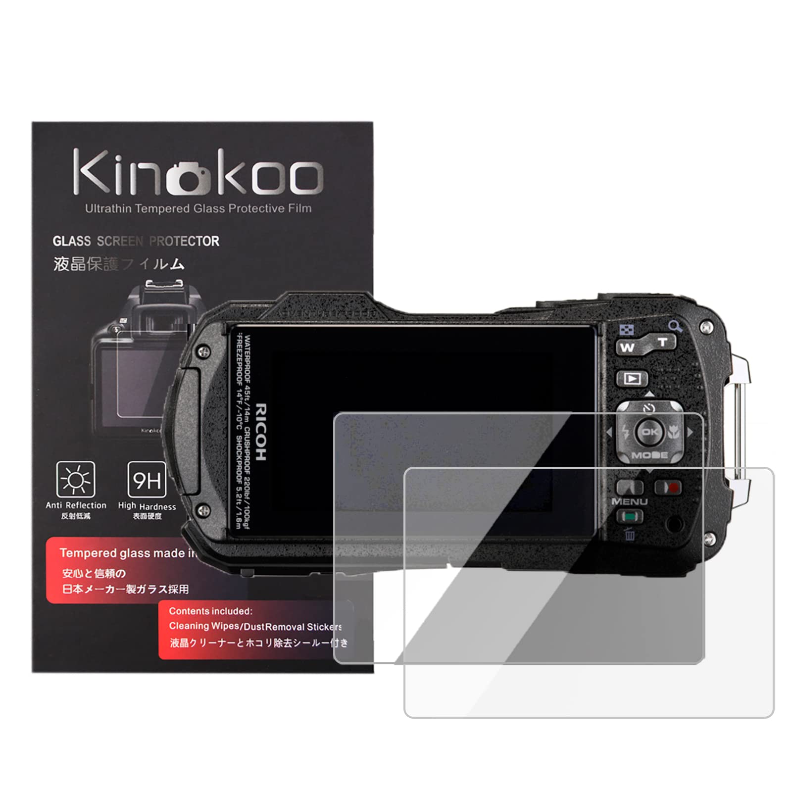 kinokoo Screen Protector for Ricoh WG-90/WG-80/WG-70/WG-60/WG-50 camera, 0.25mm 9H Hardness Tempered Glass Film for WG-40/WG-40W camera - Bubble Free& Anti-Scratch&Anti-Finger Print (2 Pack)