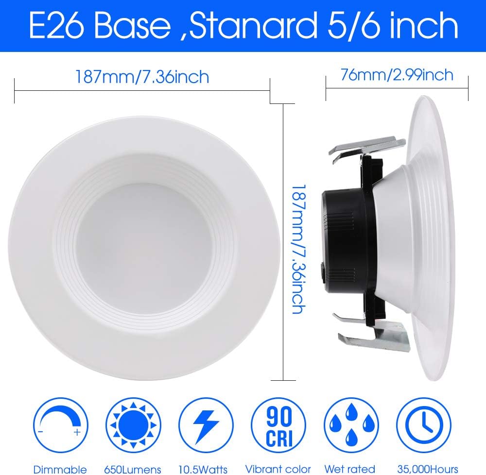 12 Pack, 5/6 Inch LED Recessed Lighting Baffle Trim, No Flicker, 5 CCT & Dimmable 10.5W=85W Downlight, Wet Rated, E26 Base, Simple Retrofit Installation, Energy Star & ETL Listed - - 