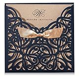 Wishmade Navy Blue Square Laser Cut Wedding Invitations Cards with Bowknot Lace Sleeve Cards Printable Kraft Paper for Engagement Birthday (pack of 50pcs)
