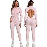 ABOCIW Womens Zipper Long Long Sleeve Workout Jumpsuit Contouring Seams Backless Bodysuit Yoga Rompers Catsuit