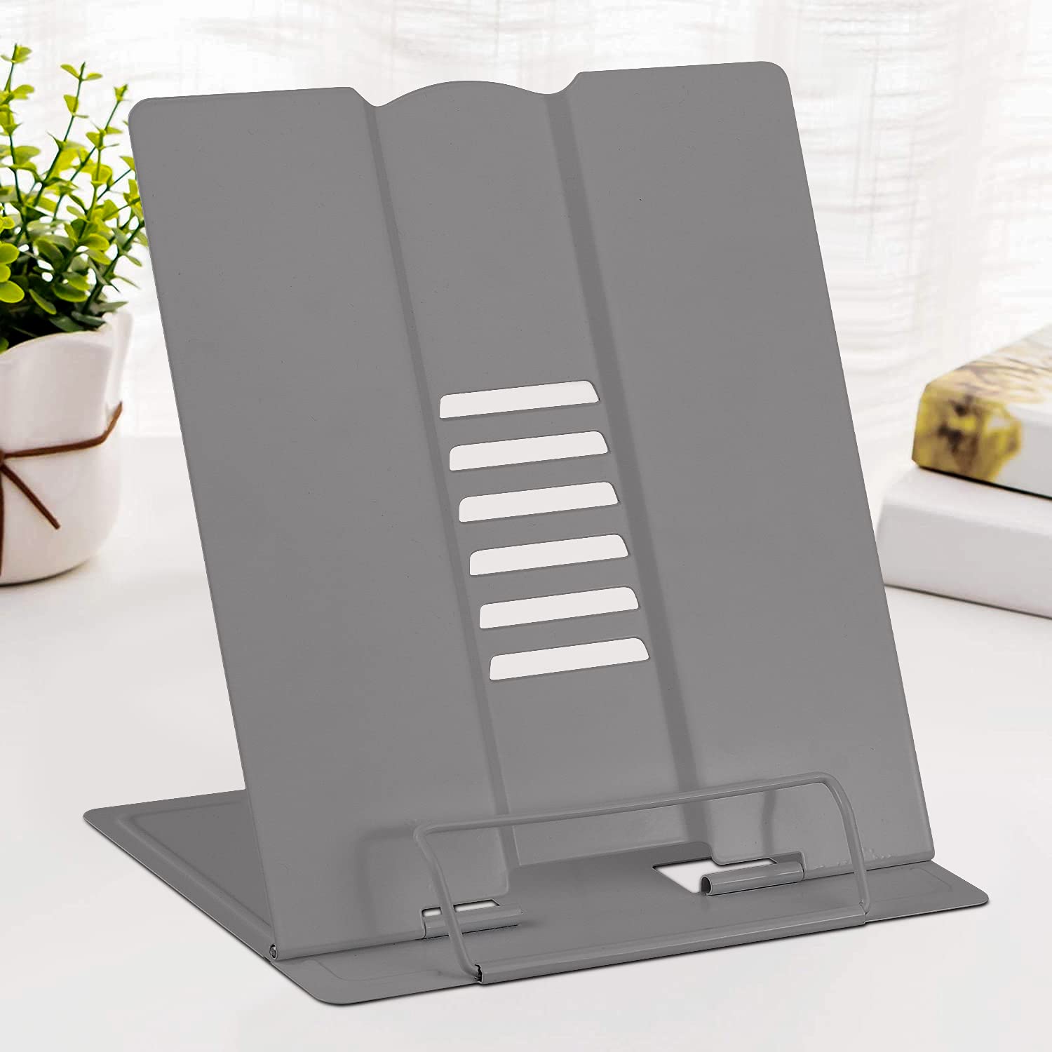 Large Metal Book Stand Reading Book Holder Lightweight Cook Book Stands Portable Textbook Holders Adjustable Recipe Document Stand Tablet Music Book Stands&Holders(Grey)