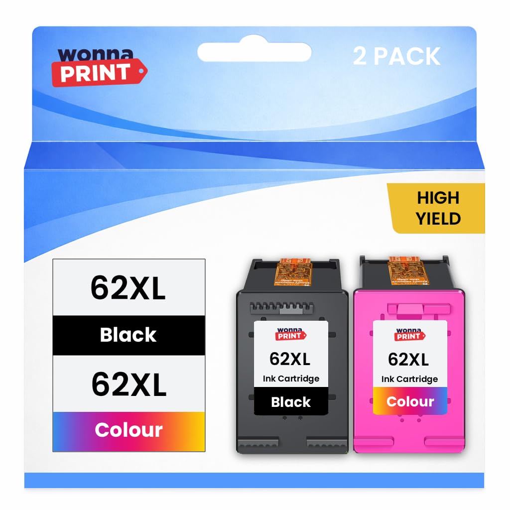 WonnaPrint 62 XL 62XL Ink Cartridges Black and Colour Multipack Replacement for HP 62 Ink Cartridges Twin Pack for HP Envy 5540 5541 5544 5546 5644 5541 5640 5646 5542 OfficeJet 200 250 5740 5742