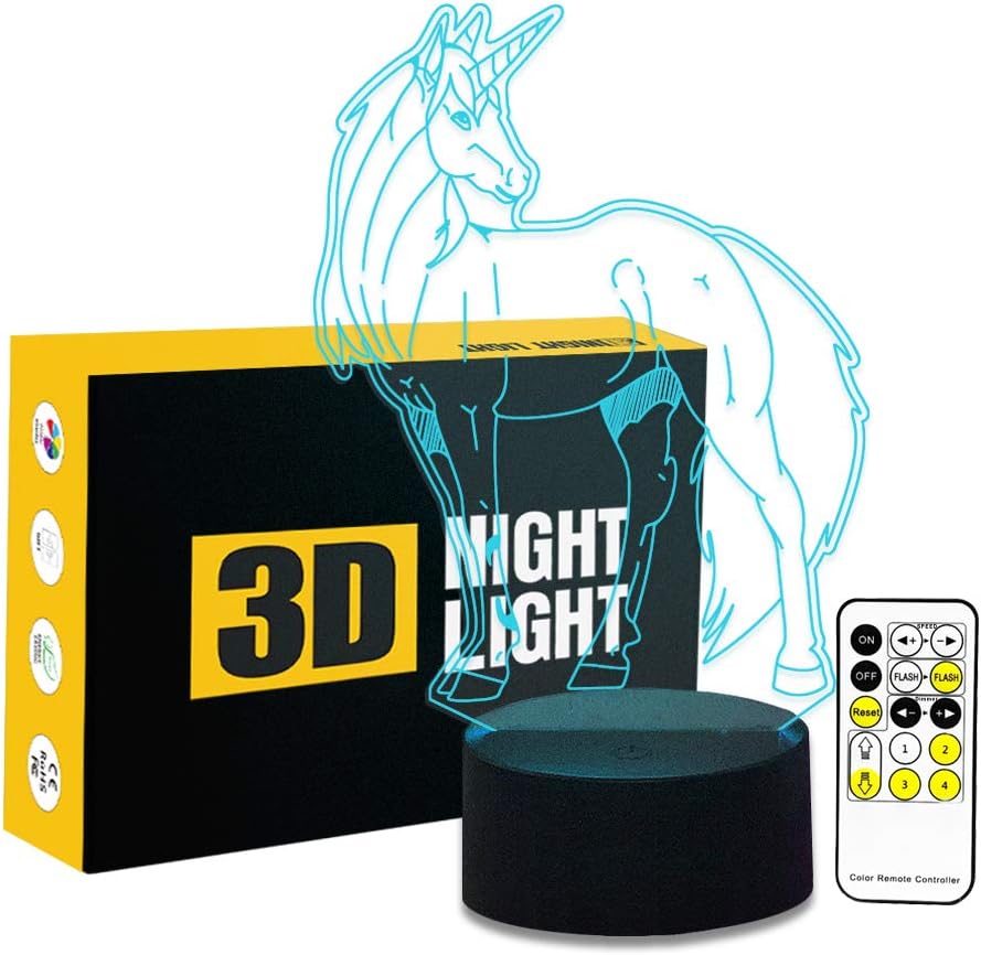 Cirkooh Unicorn 3D Optical Illusion Lamp 7 Colors Change Remote Control and Touch Button LED Night Light Gifts Toys for Children Kids