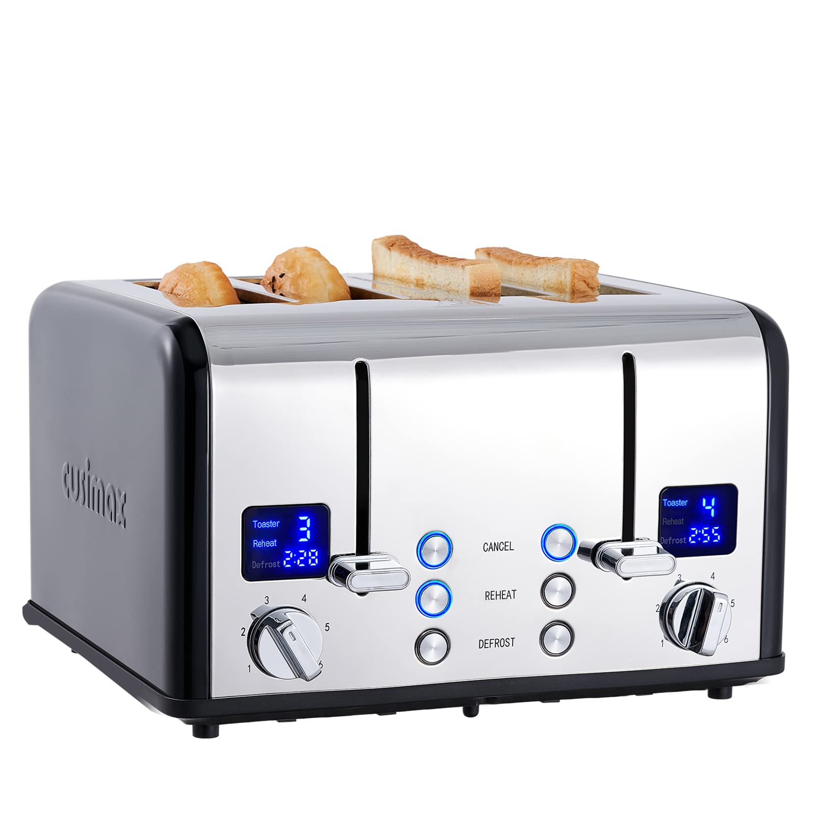 Toaster 4 Scheiben, CUSIMAX Edelstahl mit LED-Anzeige, 4 extra breite schlitze toaster schwarz, 2 individuelle Bedienfelder mit 6 Bräunungsstufen, Abbrechen, Aufwärmen & Auftauen Funktion