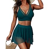 Zojuyozio Women High Waisted Bikini Set Mesh Swimsuit Tummy Control Swim Skirt V-Neck Two Piece Bathing Suit