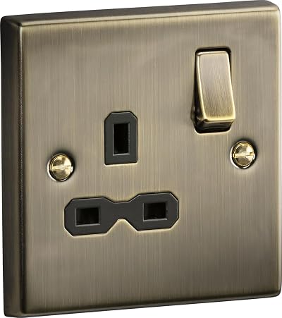Knightsbridge 13A 1G DP Switched Socket Square Edge Antique Brass Black Insert