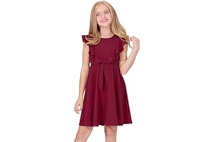 Quedoris Girls Ruffle Trim Dress Print and Solid Color A-line Swing Flared Belted Casual Party Dress with Zipper