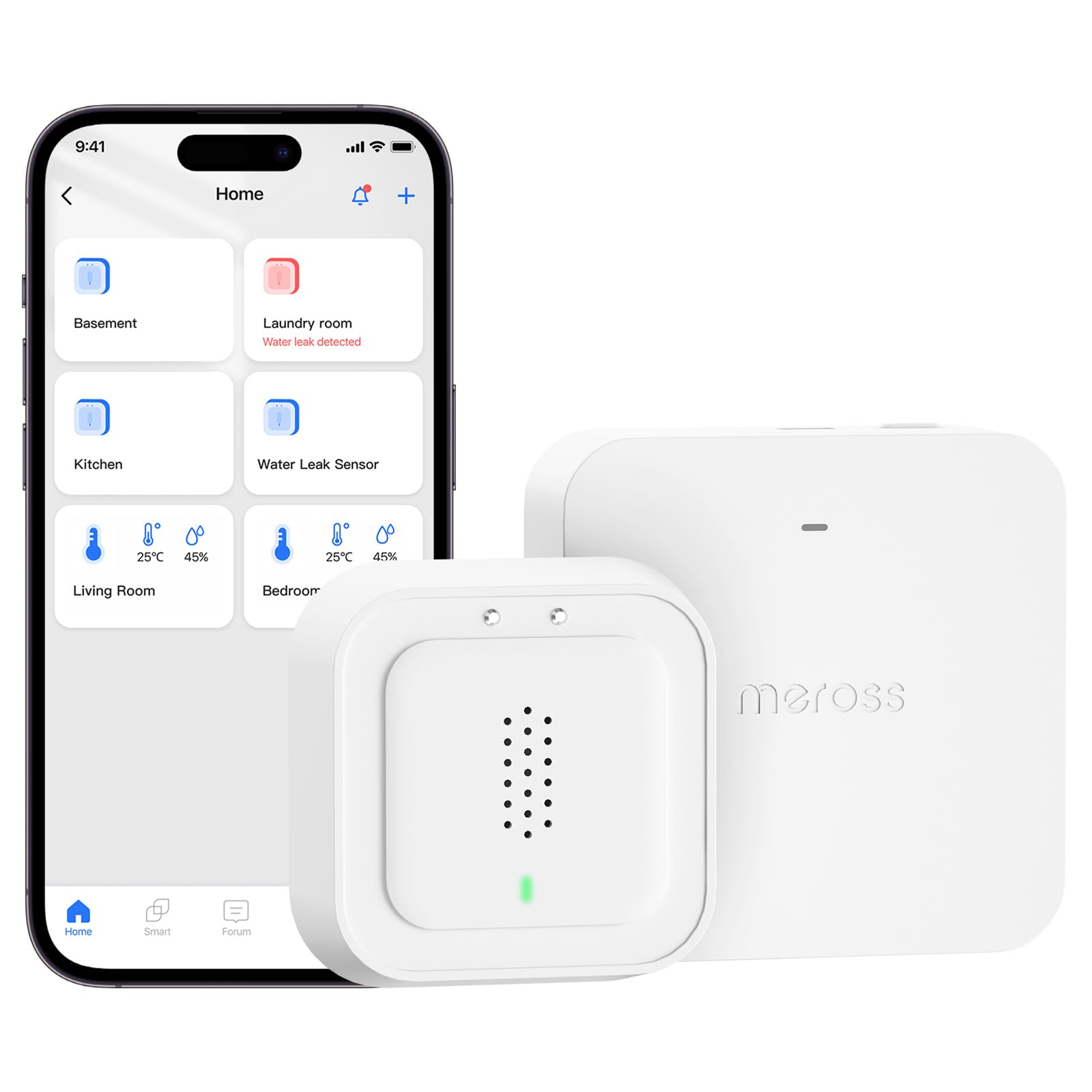 Meross Smart Wassermelder mit Hub MSH400 | Wasserlecksensor WLAN 0,3 mm Erkennung | bis 100dB Sensor & APP & Hub-Alarm | Smart Wasseralarm Melder für Küche, Badezimmer, Keller | Batterie für 3 Jahre