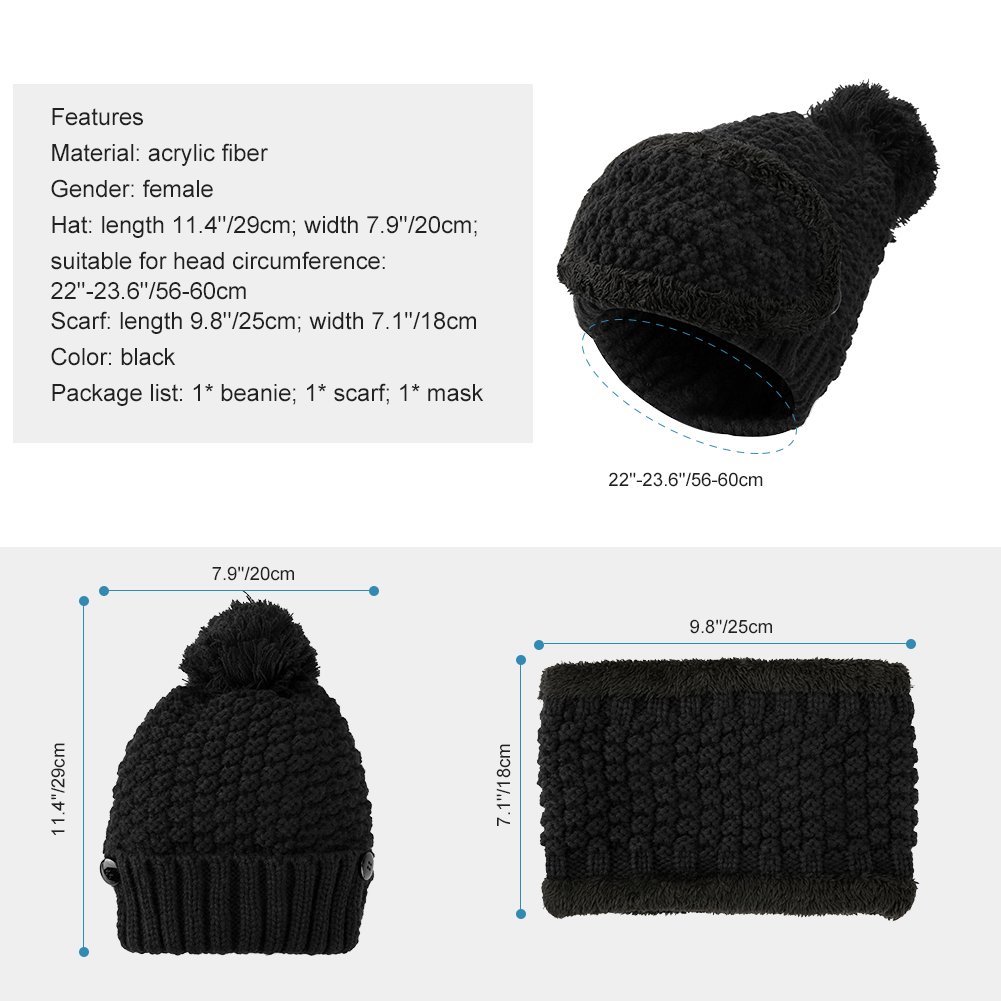 Vbiger Women Warm Hat Scarf Set Thickened Knit Hat and Scarf Winter Beanie and Scarf with Mask, Thick Plush Lining Design, Set of 3 (Black)
