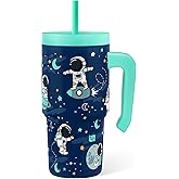 Astronaut Tumbler 20oz with Handle and Silicone Straw Lid for Kid, Insulated Stainless Steel Cup, Gift for Kids Boys, Gifts Idea for Birthday Christmas Back to School