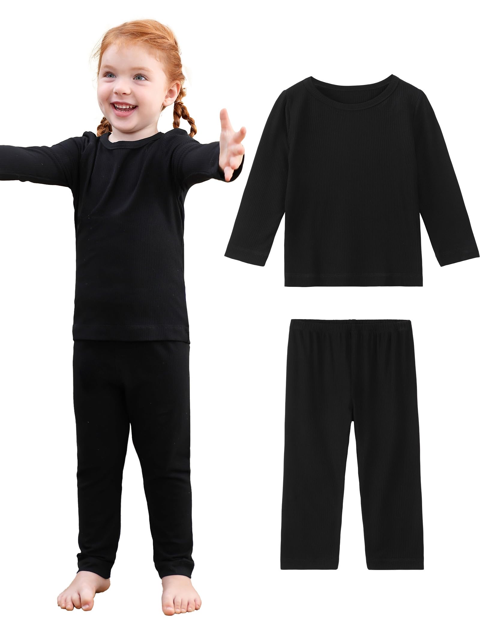 DIPUG Toddler Pajamas Girls Long Sleeve Pjs Little Kids Pajama Set Kids Solid Soft Sleepwear 3t Black