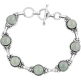 Round Shape Natural & Synthetic Gemstones Silver Plated Bracelets for Women - Vintage Bohemian Style Handmade Birthstone Adjustable Link Bracelet Jewelry Gifts for Wedding Anniversary Mother's Day