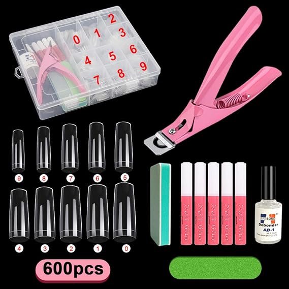 Fake Acylic Nail Tips Kit, Zora 600PCS Coffin Clear False Nails Set (Natural Half