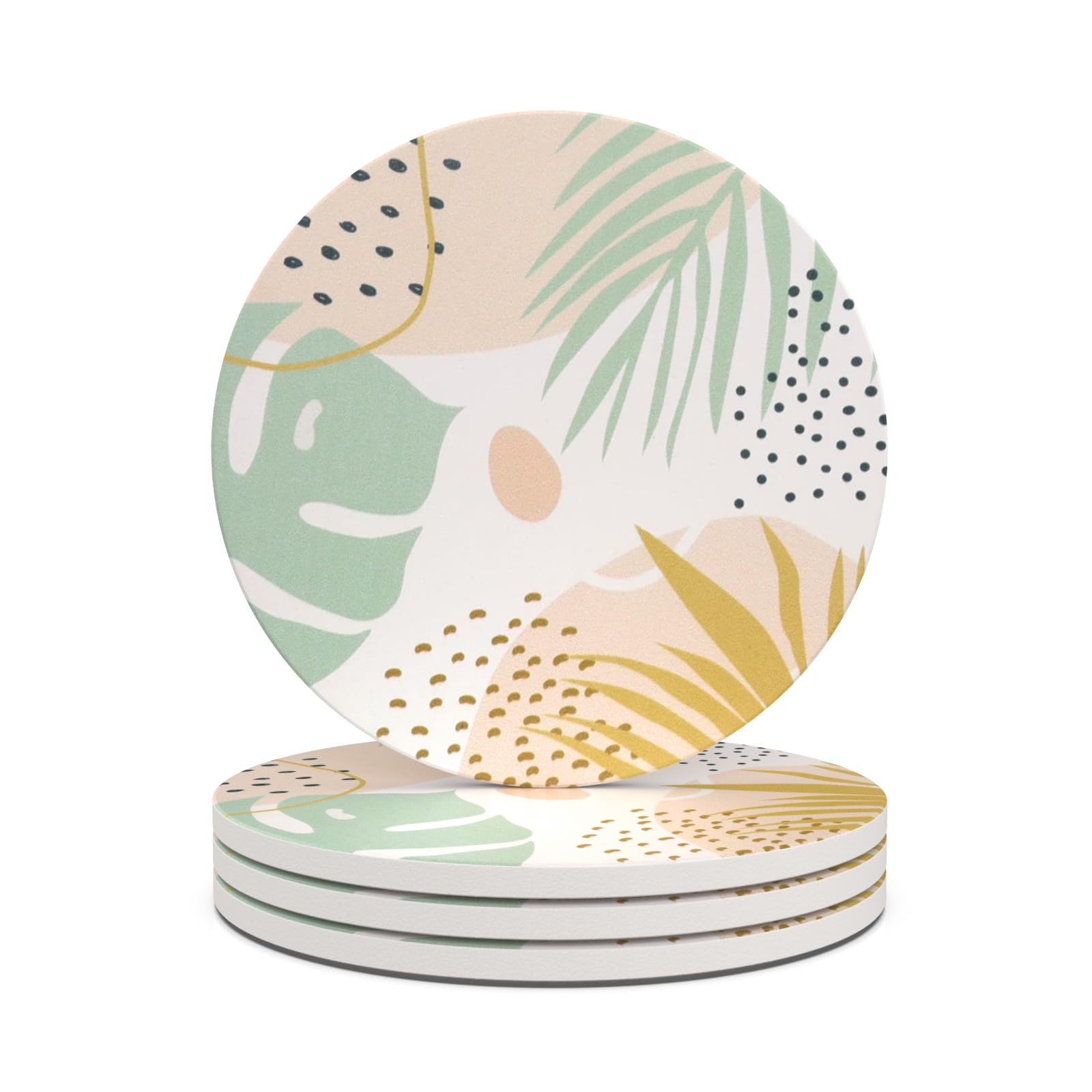 Haocoo Round Drink Coasters set of 4 - Absorbent Stone Coaster Set with Cork Base and Ceramic Stone, Decorative Cup Coasters for Kinds of Mugs and Cups…(Morandi Plants)