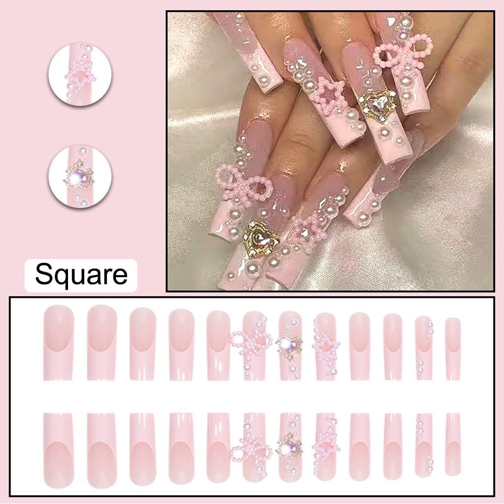 Cute Press on Nails Long Square Y2K BAOYAALIN, Pink Fake Nails with 3D Alloy Rhinestones Pearls Design Gel Glue on Nails for Women Girls Acrylic Artificial False Stick on Nail for Wedding 24Pcs - Image 2