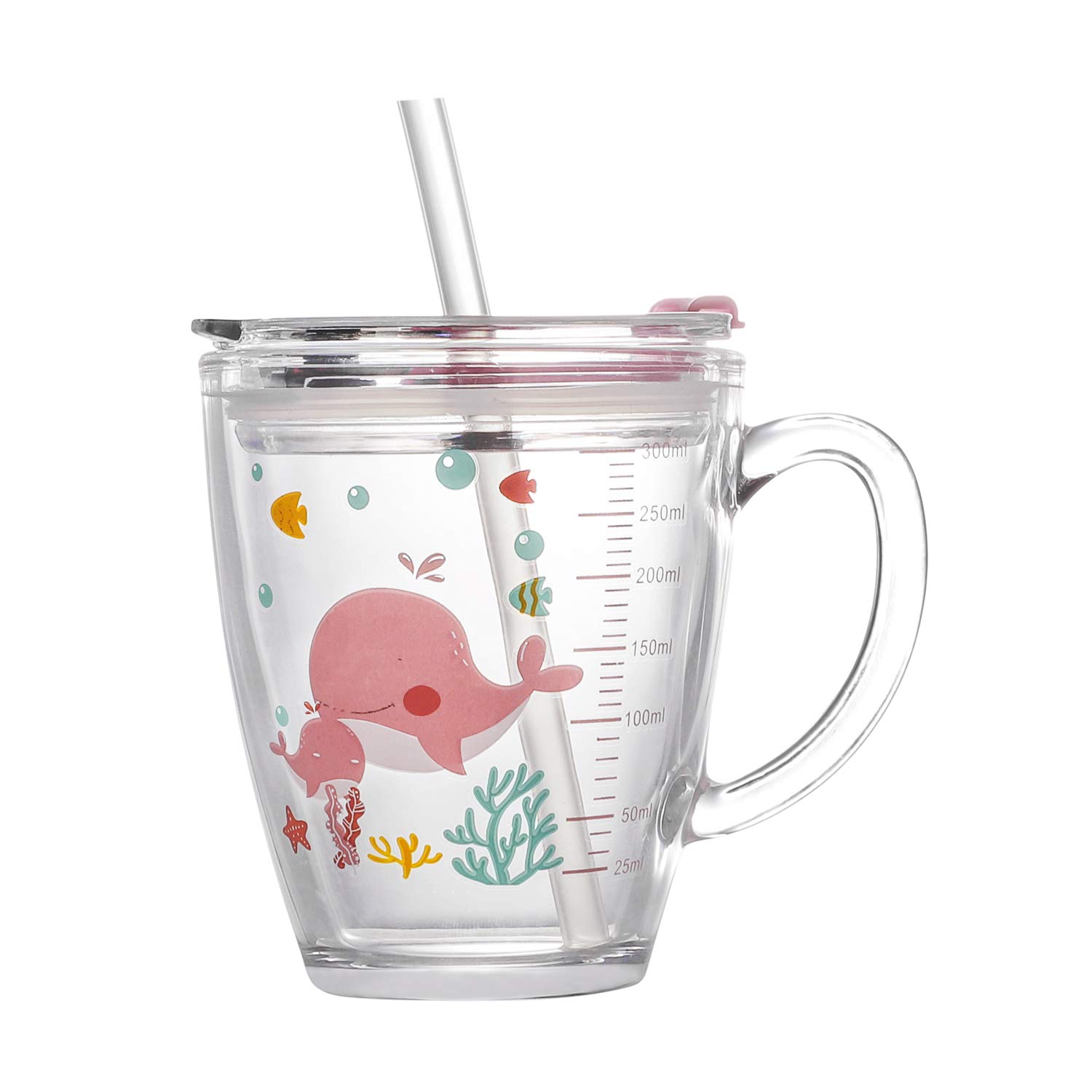 Qchomee Kids Tempered Glass Cups Milk Measure Cup with Straws and Lids Dinosaur Giraffe 350ML Scale Measure Mug Heat-Resistant Leakproof Tempered Glass Water Cup for Hot Milk, Iced Juice