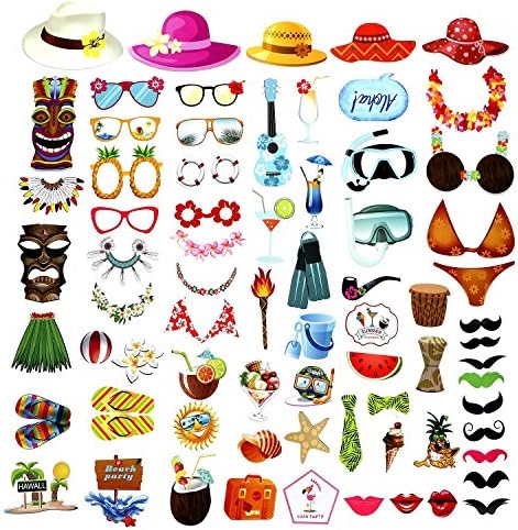 Hraindrop 73pcs Hawaiian Luau Photo Booth Props - Tropical | Tiki | Summer Holiday Pool Party | Birthday Party | Wedding Party Decorations Supplies