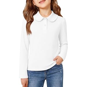 Haloumoning Girls Long Sleeve Polo Shirt Cute Ruffle Peter Pan Collar Tops | Kids Fall School Uniform Shirts, Performance Gol