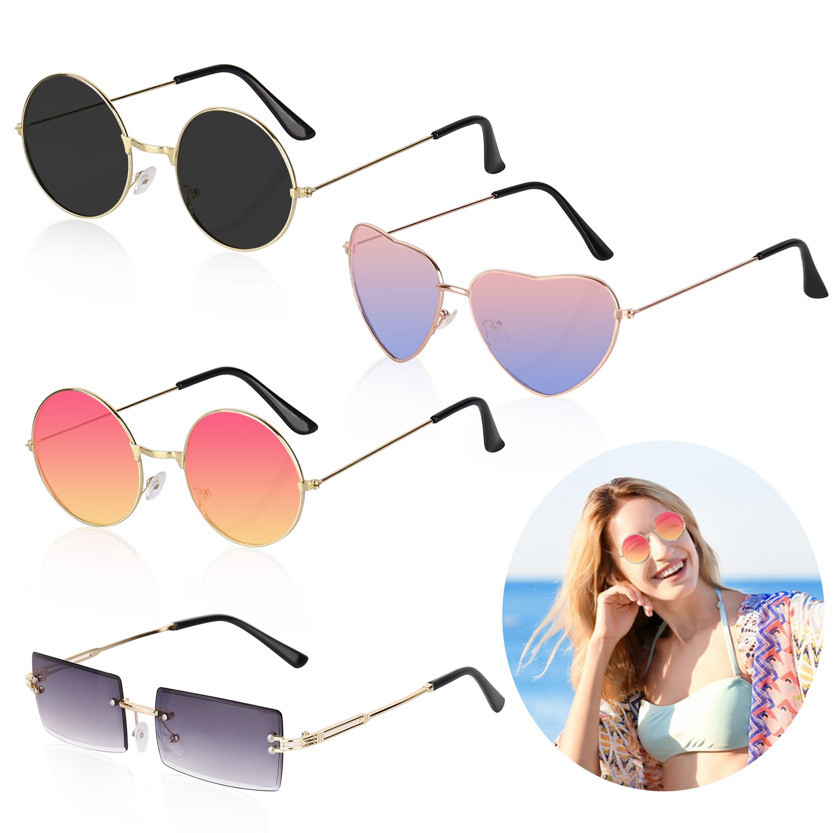 Pinkswan 4 Pairs Hippie Sunglasses, Round Retro Party Glasses, Heart Glasses and Rectangle Rimless Sunglasses, for Costume Accessories, Rock Party Accessories, Festival Glasses, Travel, Photography