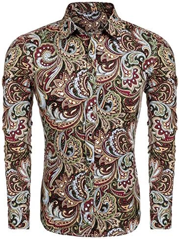 MODLFINE Men's Summer Fit Casual Printing Button Down Long-Sleeved Shirt Hawaiian Seaside Style Shirt(Rose,X-Large)