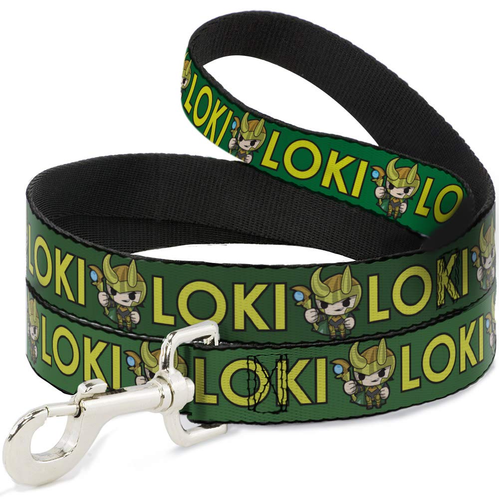 Marvel Comics Pet Leash, Dog Leash, Kawaii Loki Standing Pose Text Green Yellow, 4 Feet Long 1.0 Inch Wide