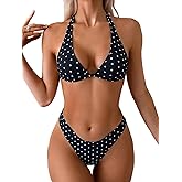 Falainetee Women's Polka Dots Print Bathing Suit High Waist Halter Summer Swimsuit Bikini Set