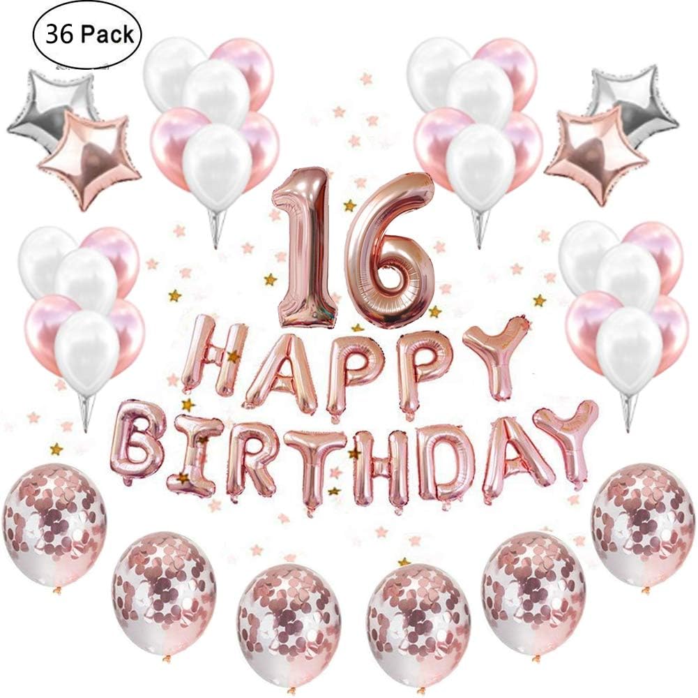 IEONGI Rose Gold 16th Birthday Party Balloons Decoration, Confetti Birthday Decor Party Supplies Kit HAPPY BIRTHDAY Banner Confetti Balloons Set Star Mylar Cute for Bithday Party