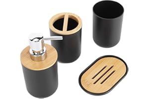 Set of 4 Complete Bathroom Accessories, Bathroom Set with Toothbrush Holder, Dish, Lotion Dispenser and Cup, in Plastic + Bam