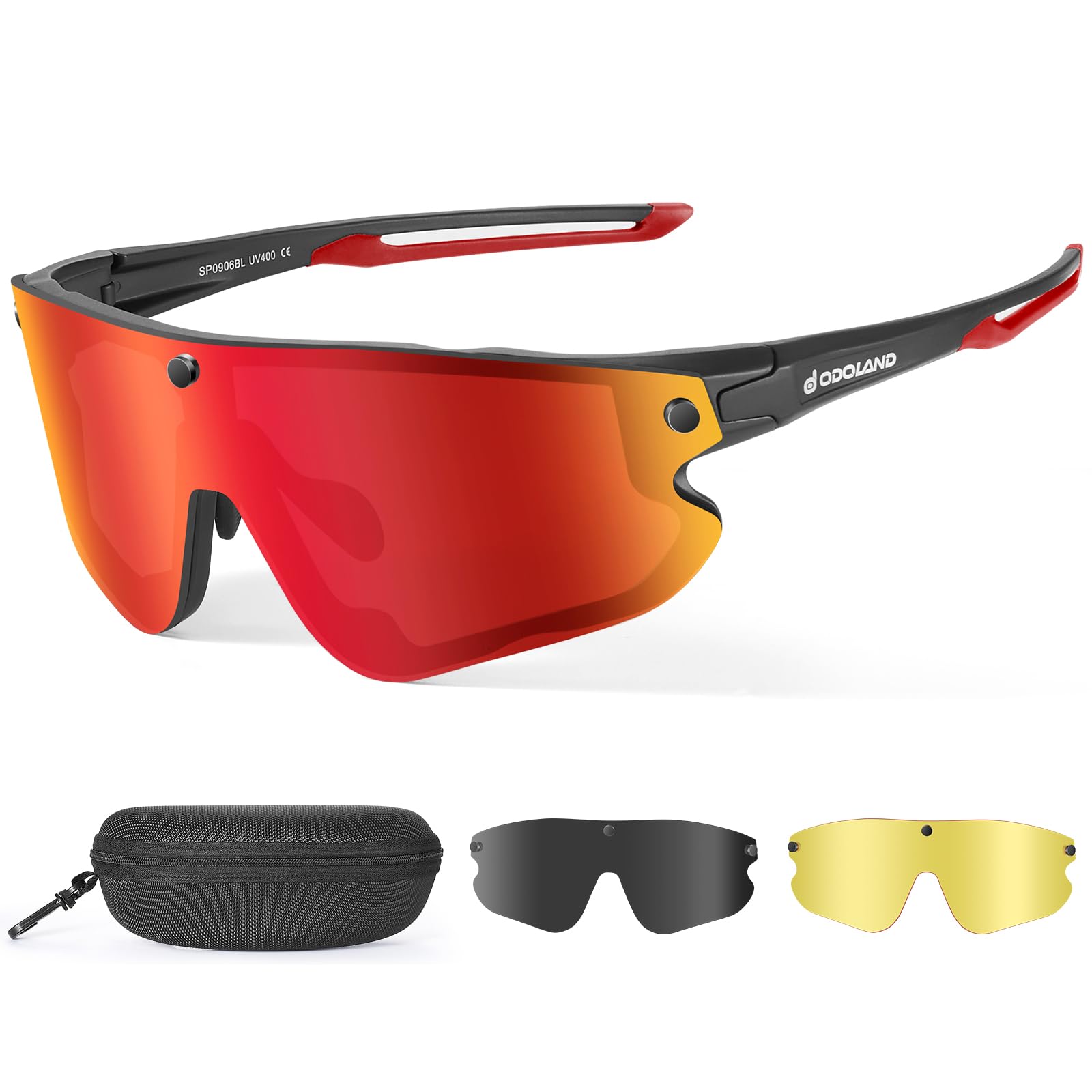 Odoland Polarized Magnetic Sports Sunglasses, Black Frame Plated Red Lense, Replaceable Grey Lense and Night Vision Lense for Men Women Adult for Riding Driving Fishing