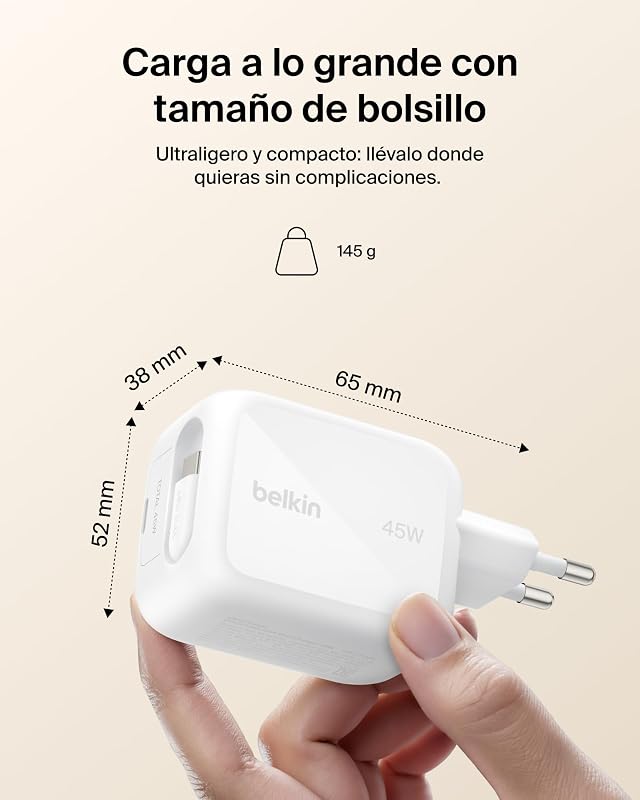 Carregador UltraCharge USB C de 45W com cabo USB C retrátil de 0,8m e porta USB tipo C, carregador tipo C de parede, carregamento rápido para iPhone 17 e 16 Series, Galaxy S26 Series, AirPods e MacBook