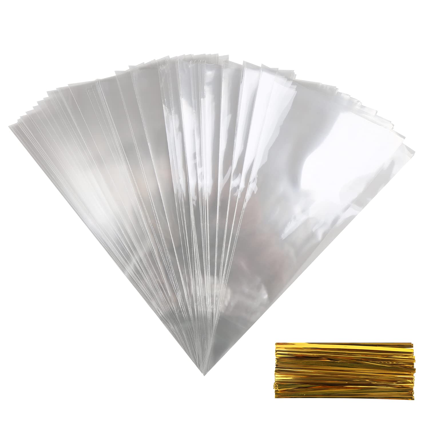 DERAYEE 100 PCS Cone Bags Clear Cellophane Bags Goody Treat Bag with 100 PCS Gold Twist Ties for Party Supplies(6.3’’ x 11.8’’)