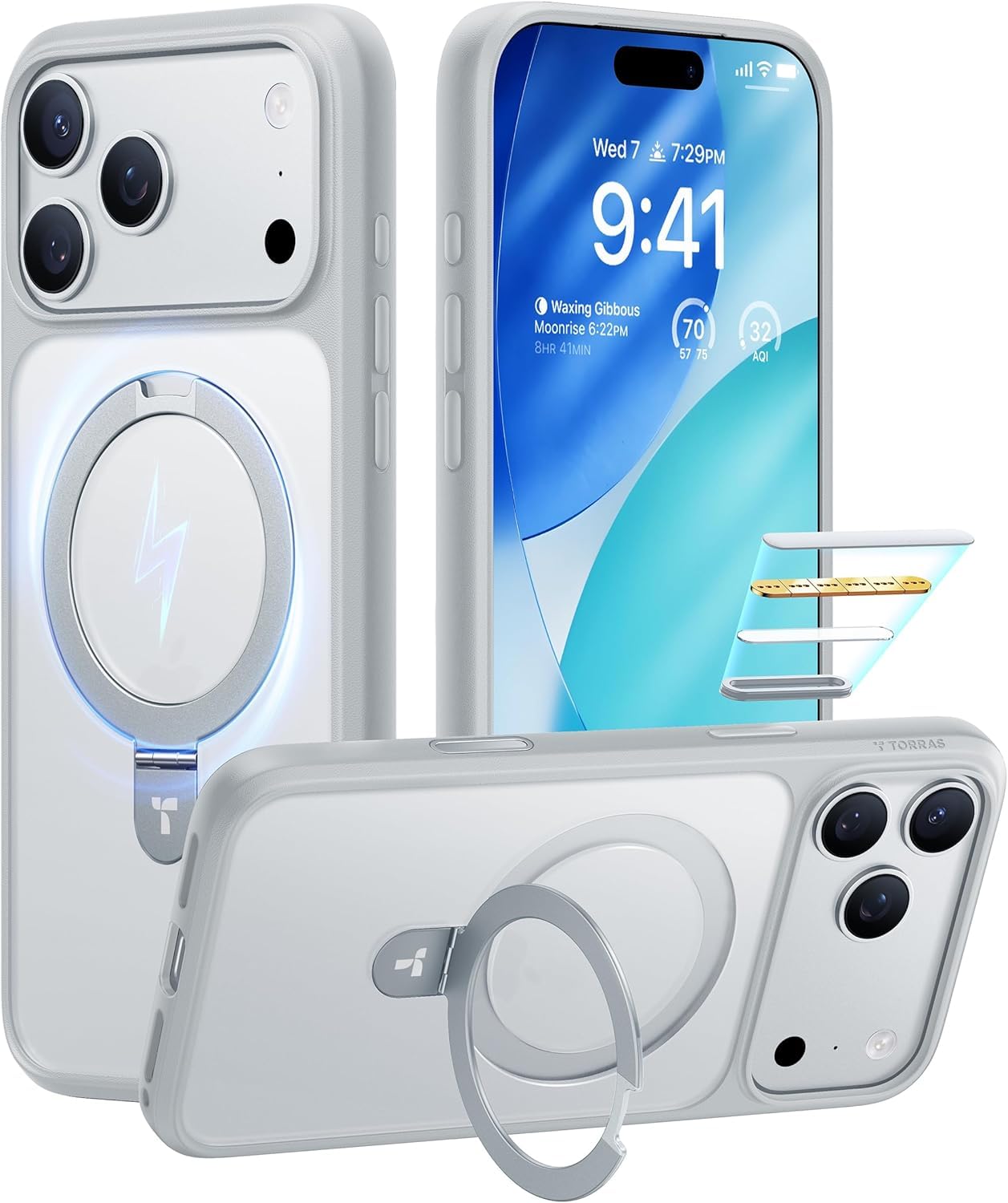 Photo 1 of TORRAS Ostand for iPhone 17 Pro Case Magnetic, Fit for MagSafe, 4X Military Drop Protection, Camera Control, Slim Phone Case for iPhone 17 Pro with Kickstand, Translucent Matte Cover 6.3", Silver Gray