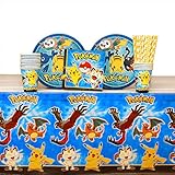 Pokemon Party Supplies Pack for 16 Guests: Straws, Dinner Plates, Luncheon Napkins, Cups, and Table Cover