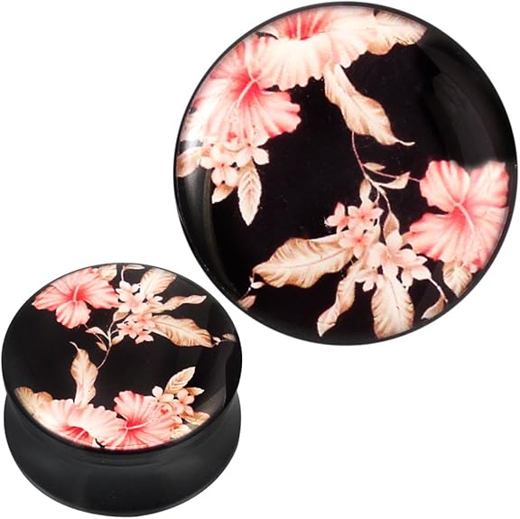 Plug Acryl rosa grau beige Hibiscus Blüten schwarz Piercing Ohrschmuck