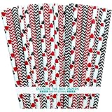 Casino Night Theme Chevron and Card Design Paper Straws - Red Black White - 7.75 Inches - Pack of 100 - Outside the Box Papers Brand