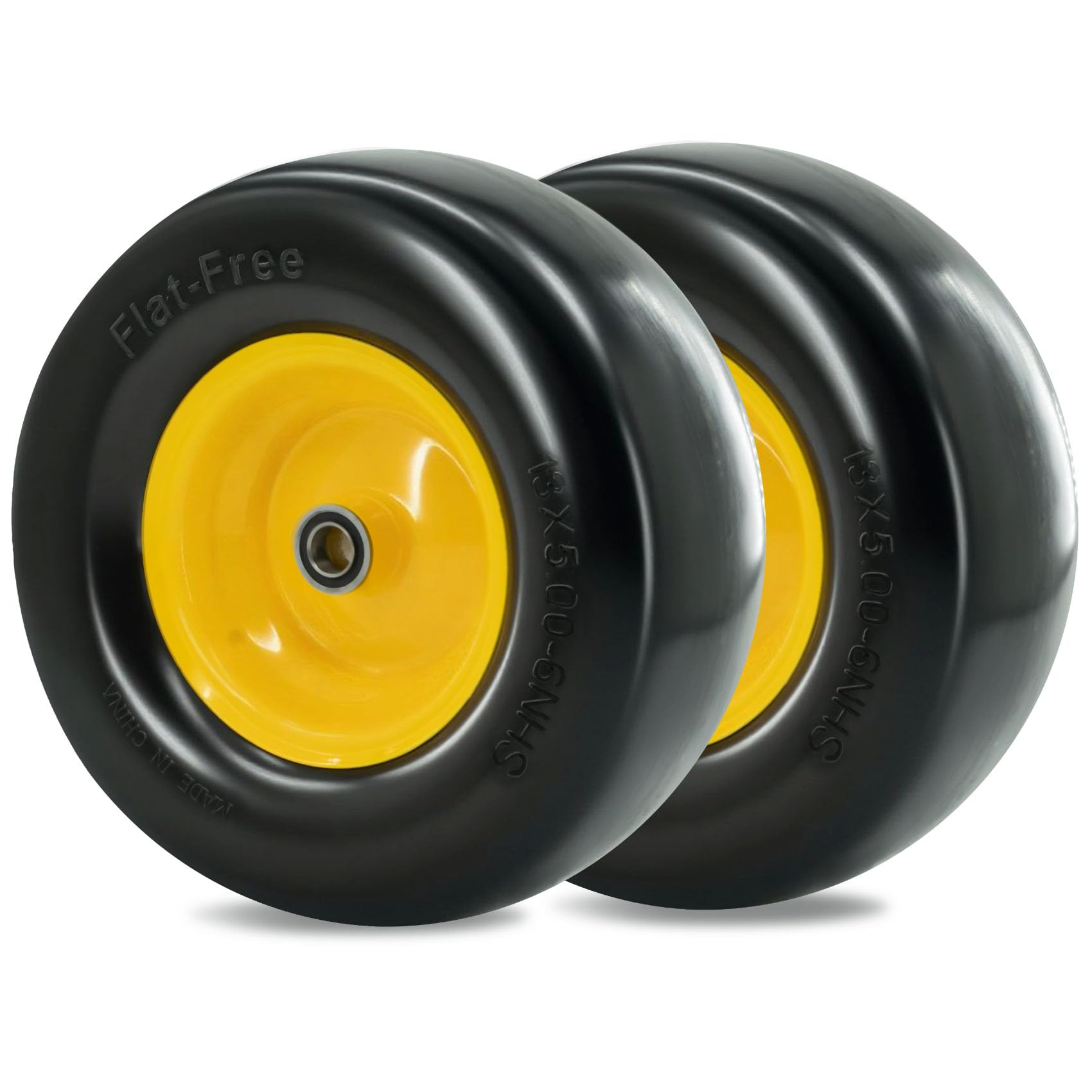 Photo 1 of 13 x 5.00-6 Tire and Wheel, Flat Free Lawn Mower tires with 3/4" & 5/8" Bearings, 3.25"-6.25" Adjustable Hub, 13x5x6 Zero Turn Tires for Garden Tractors, Zero Turn mowers, Yellow (2 Pcs)
